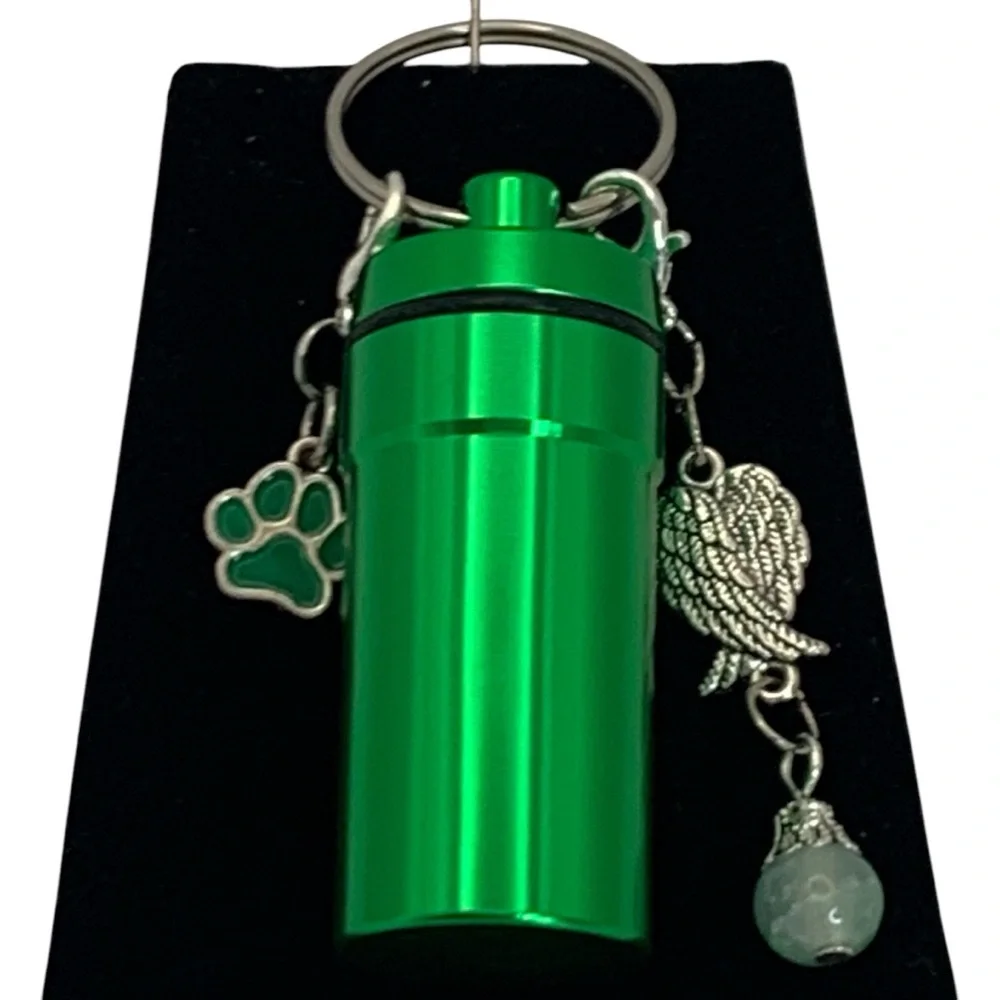 Pet Cremation Urn Green Stainless Steel Memorial Keepsake Cylinder Keychain